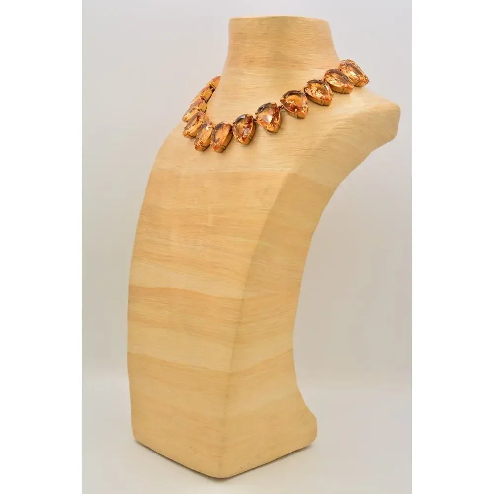 J.Crew Vintage Orange Crystal Teardrop Gold Statement Necklace Chunky Heavy BinY